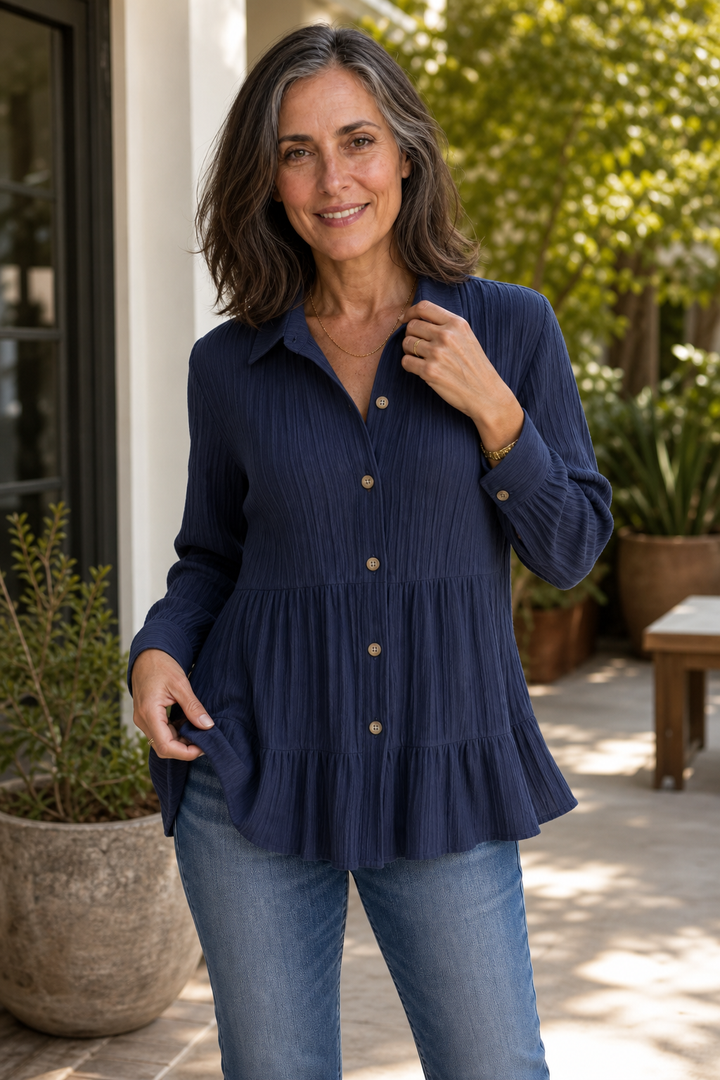 Fallwell – Crinkle Tiered Long Sleeve Tunic Top