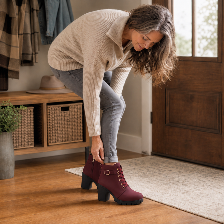 Buckle & Bold – Buckle Lace-Up Chunky Heel Ankle Boots