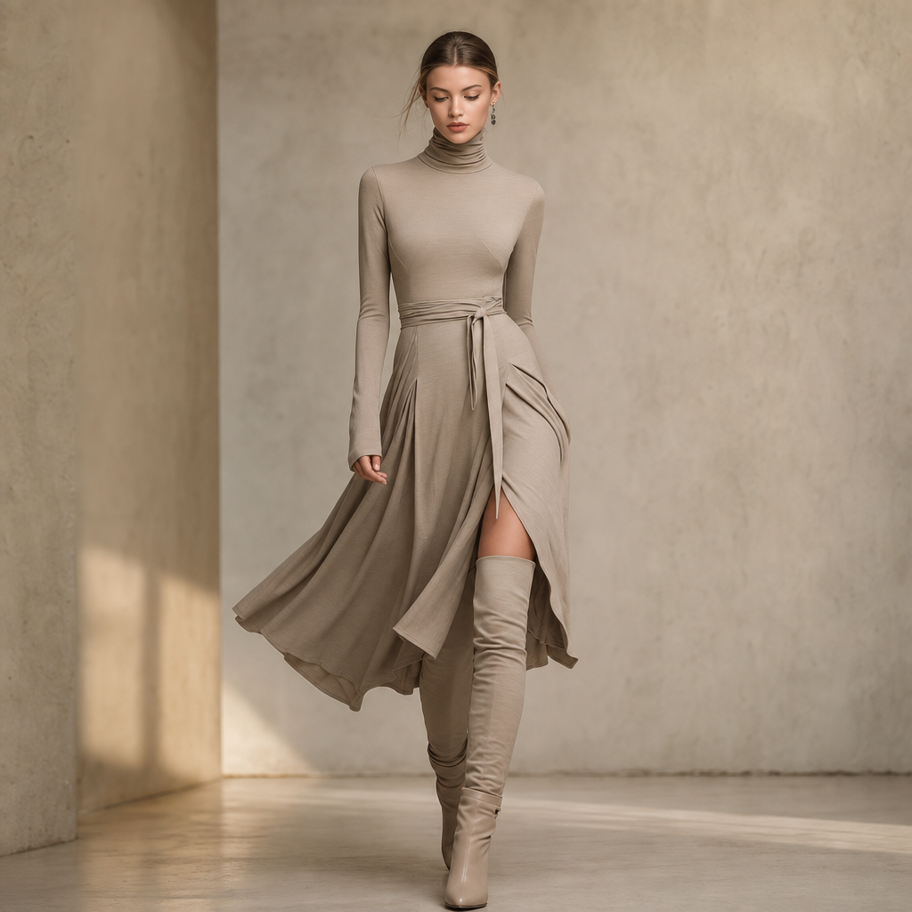 Vellara – Turtleneck Wrap Slit Knit Midi Dress