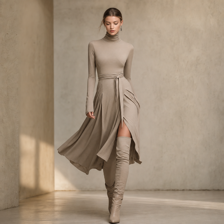 Vellara – Turtleneck Wrap Slit Knit Midi Dress