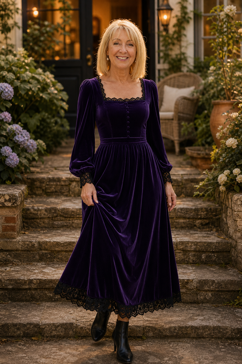 Velourette – Square Neck Fitted Waist Velvet Midi Dress