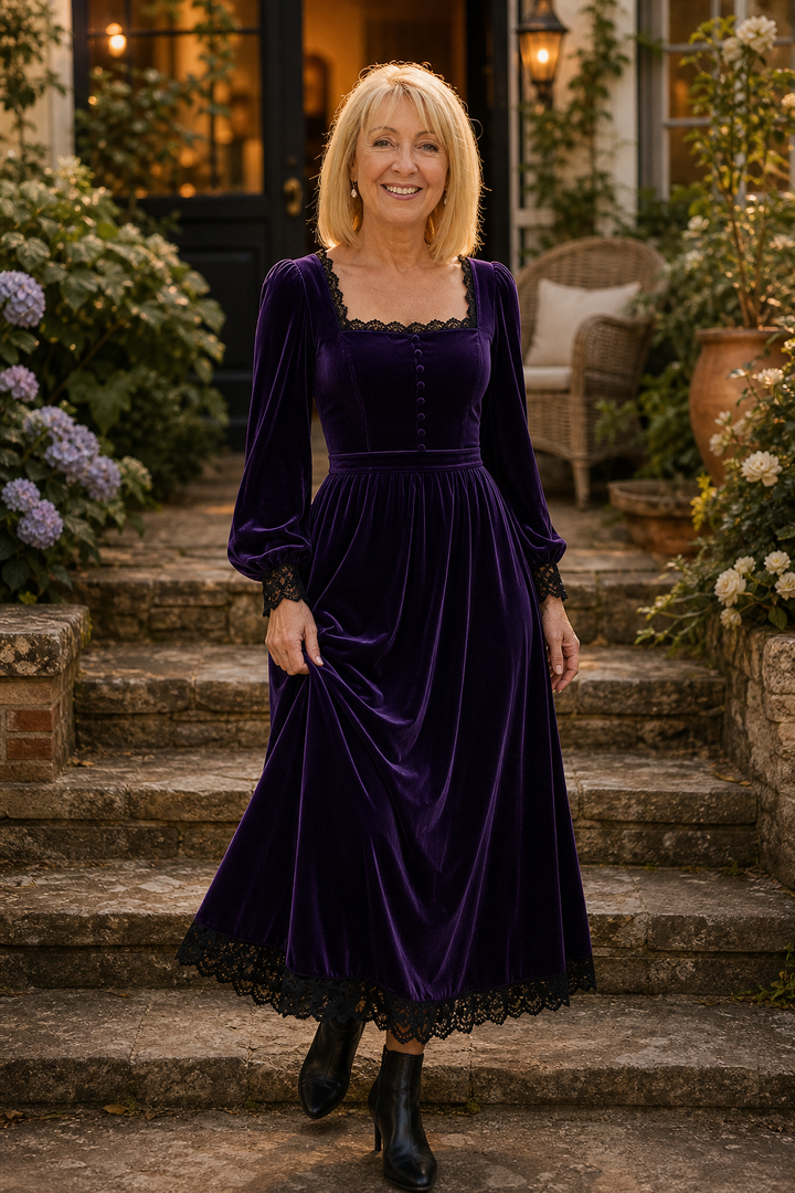 Velourette – Square Neck Fitted Waist Velvet Midi Dress