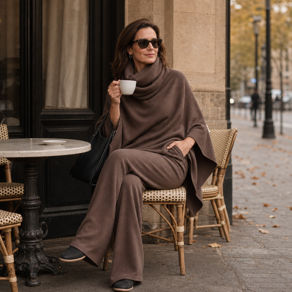 Draperie – Cowl-Neck Cape Top And Wide-Leg Trousers Set