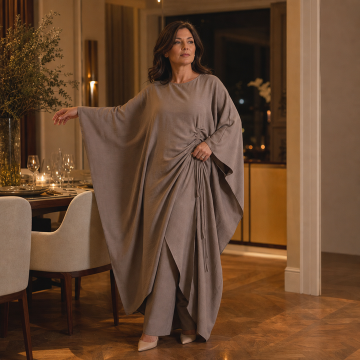 Cinchara – Ruched Waist Batwing Kaftan Two-Piece Set