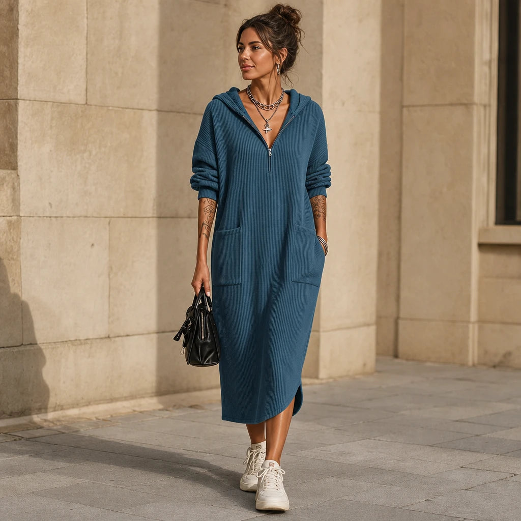 Everday – Hooded Zipper Pocket Midi Dress