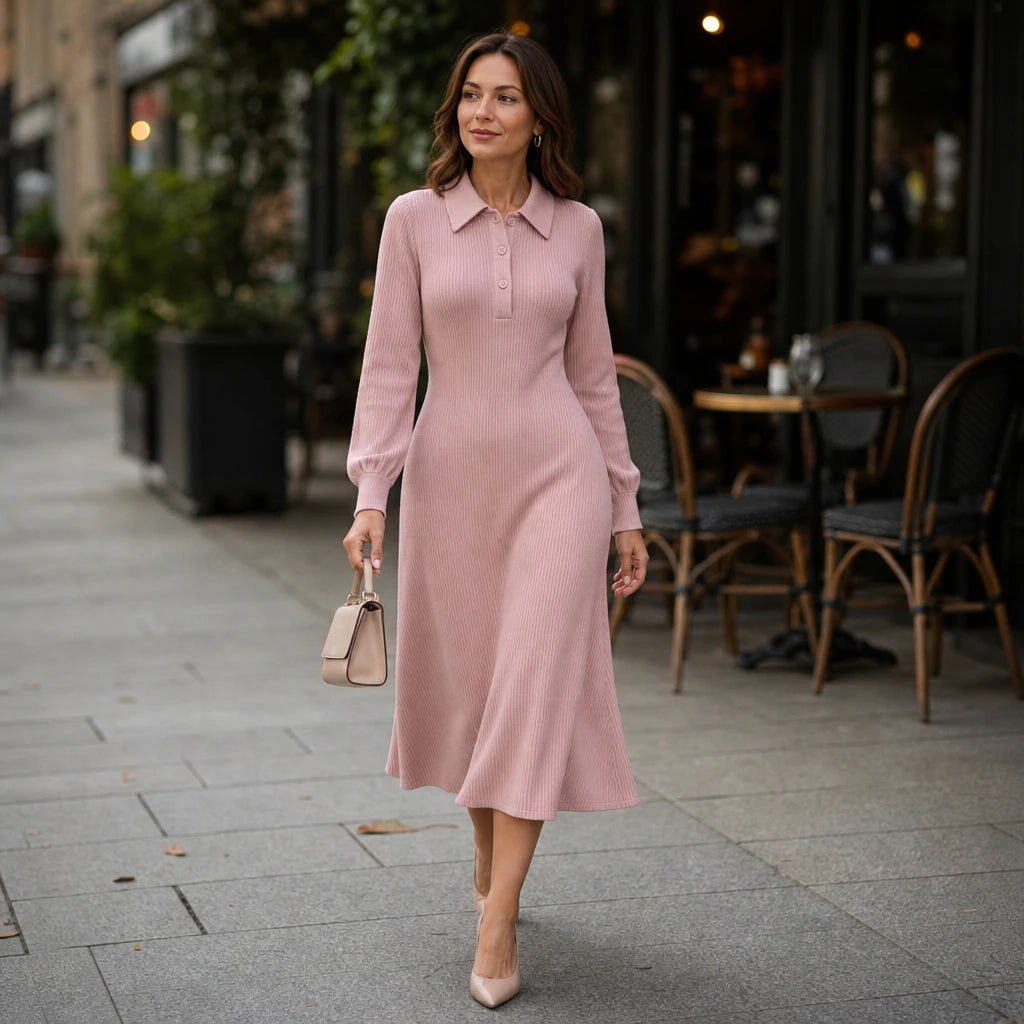 Lapella – Ribbed Knit Lapel Collar Midi Dress