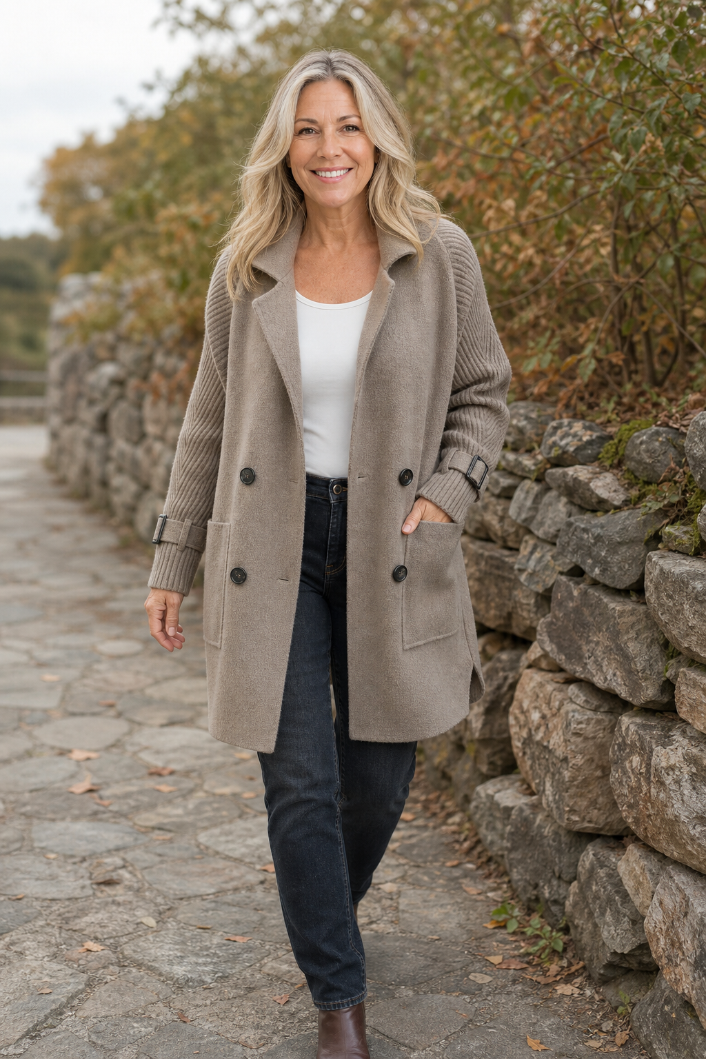 Isola – Cable-Knit Sleeve Double-Breasted Longline Coat
