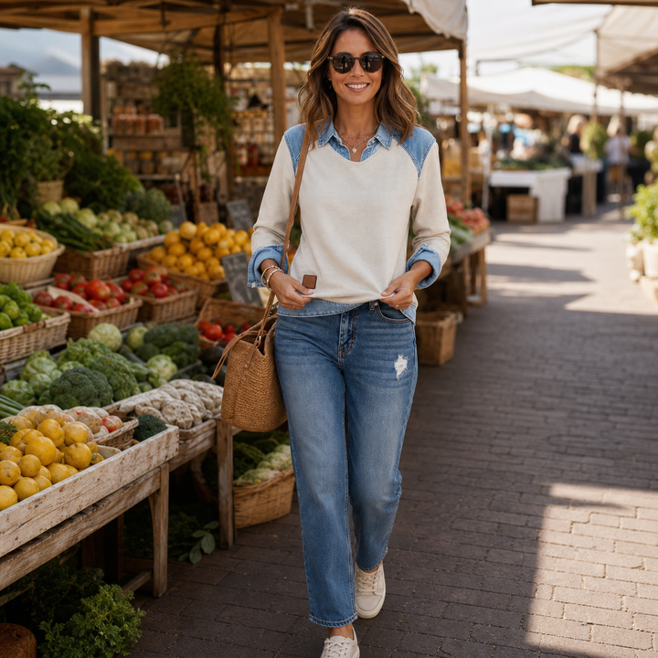 Denver & Wren – Denim-Yoke Colorblock Pullover Sweatshirt