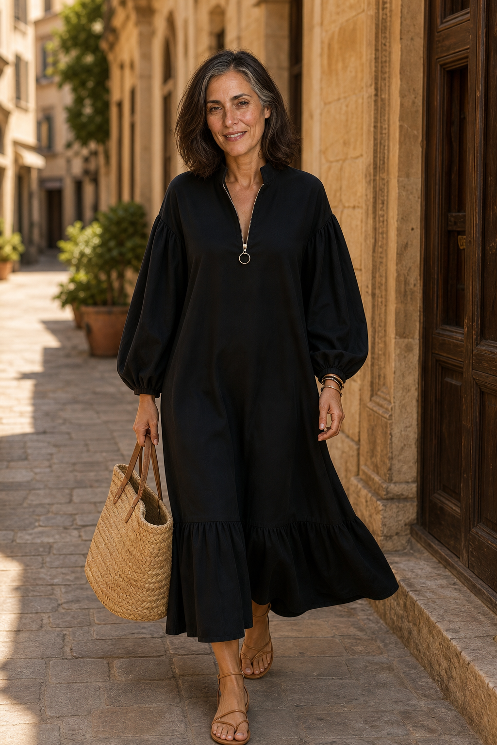 Wearbella – Half-Zip Stand-Collar Lantern-Sleeve Dress