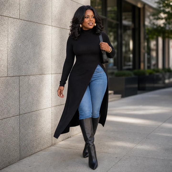 Wearbella – Asymmetric Hem Turtleneck Maxi Tunic
