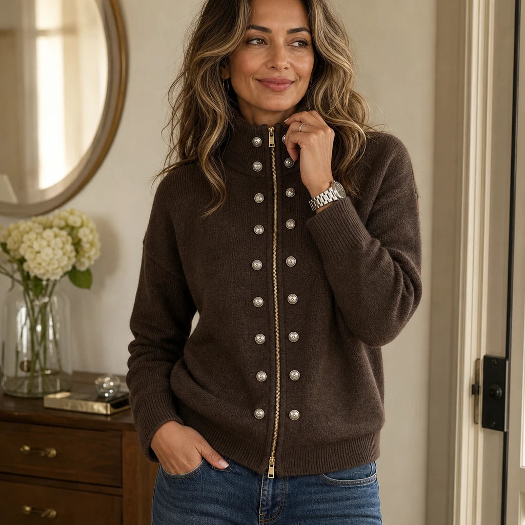 Plot Twist – Double-Button High-Neck Knit Cardigan
