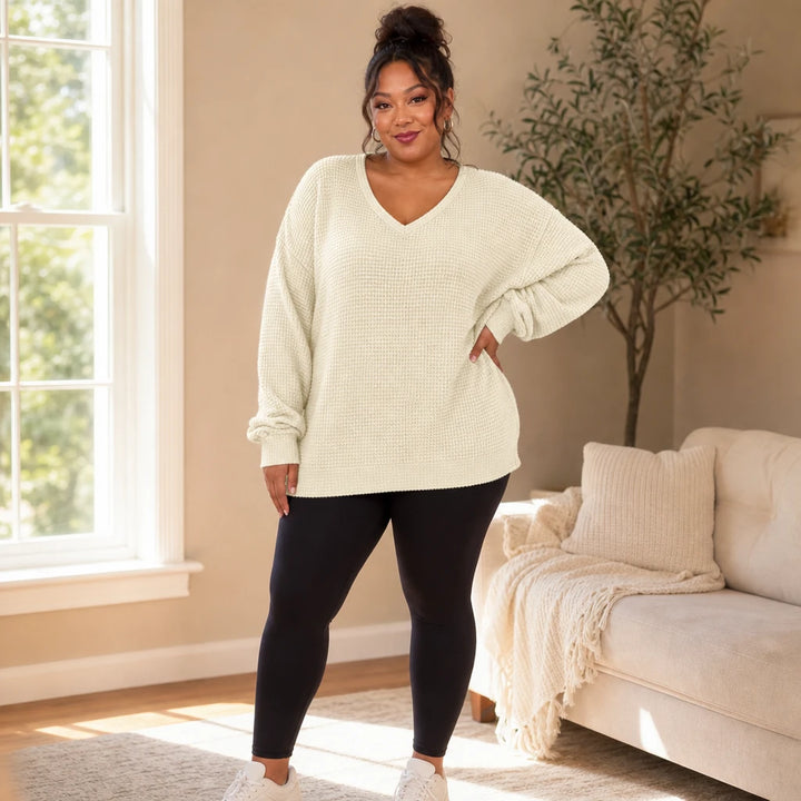 Vellune – V-Neck Waffle-Knit Long Sleeves Sweater