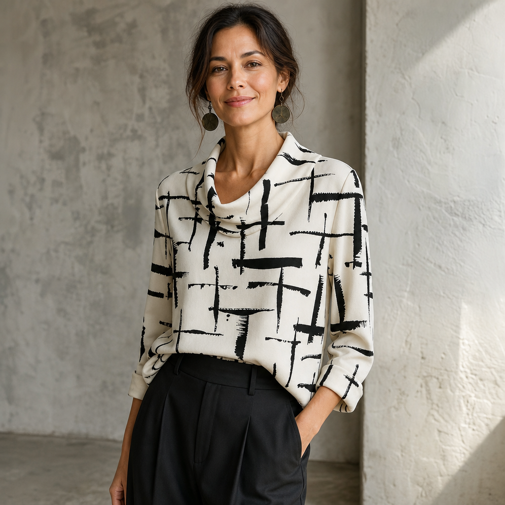 Cowlina – Cross-Print Cowl-Neck 3/4-Sleeve Blouse