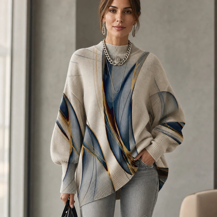 Stria – Abstract Pattern High-Neck Lantern-Sleeve Sweater
