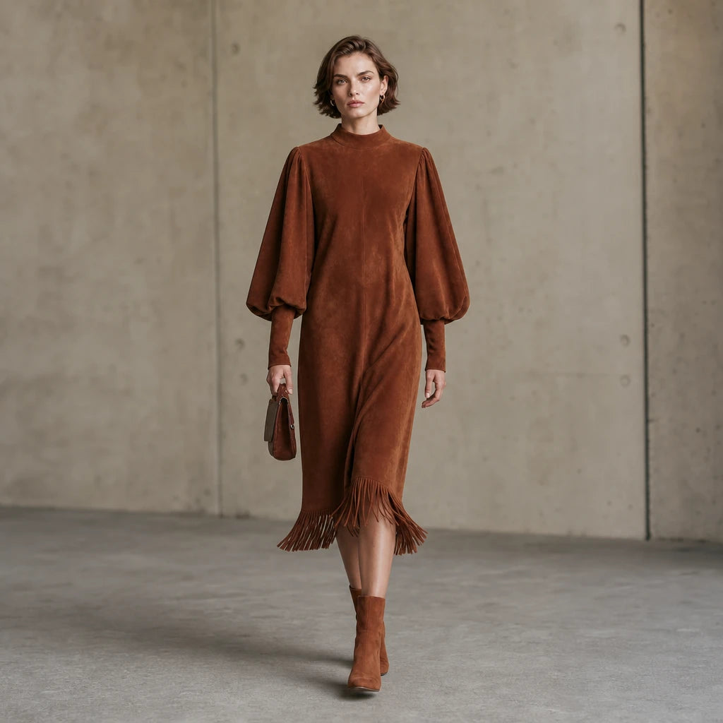 Suede Serenade – Faux Suede-Look Lantern Sleeve Fringe Midi Dress