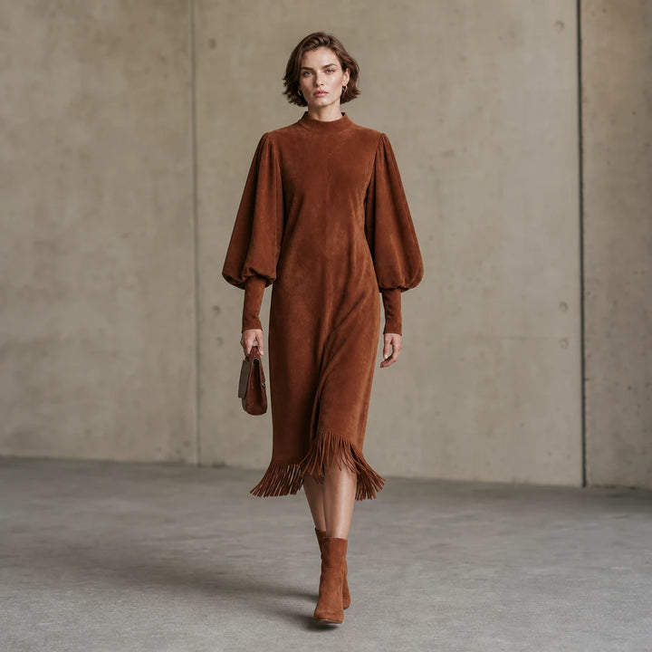 Suede Serenade – Faux Suede-Look Lantern Sleeve Fringe Midi Dress