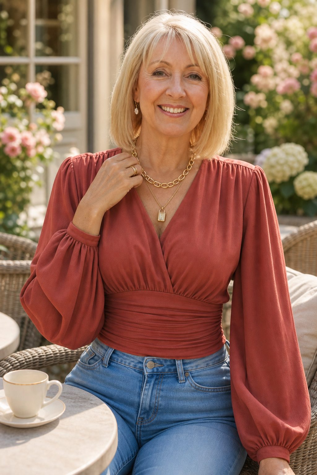 Cinchelle – Ruched Waist Puff Sleeve Chiffon Look Blouse