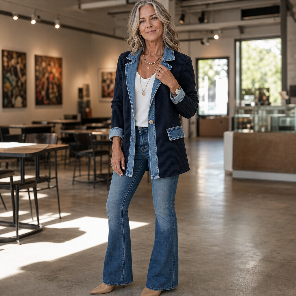 Wearbella – Spliced Denim Ribbed-Knit Longline Jacket