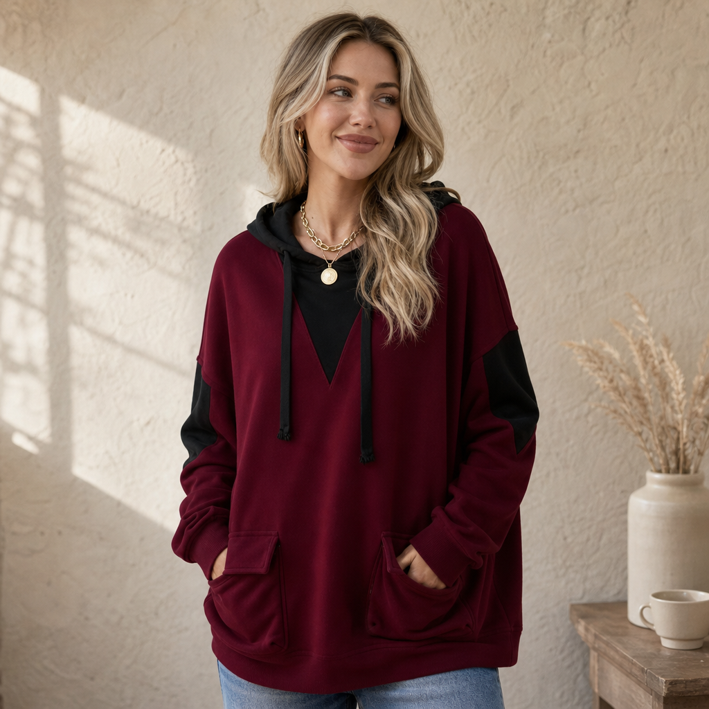 Vela – V-Neck Color-Block Oversized Hoodie