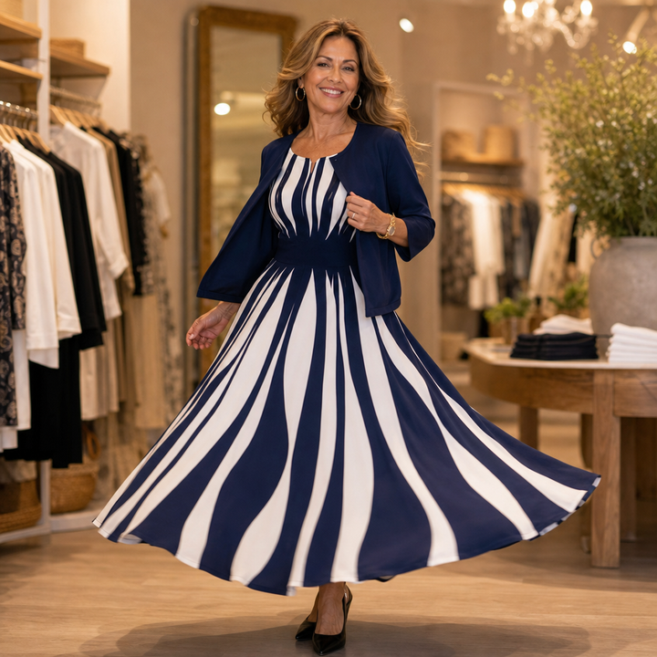Fielina – Striped Two-Piece Maxi Dress And Cardigan Set