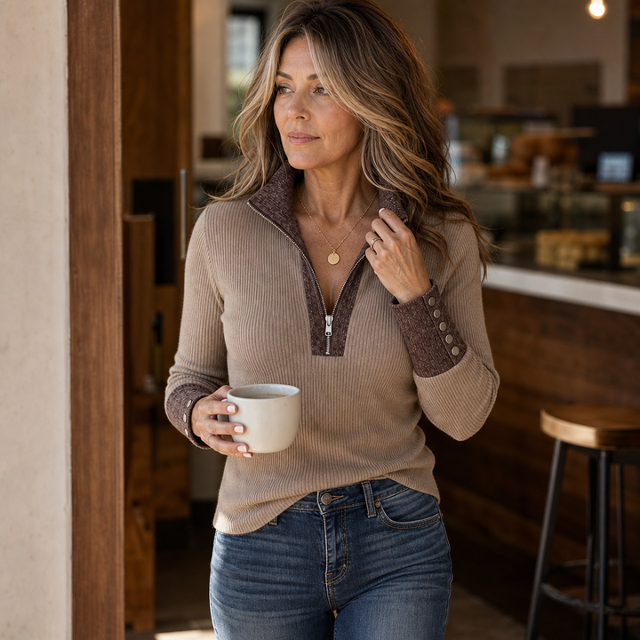 Ribvia – Contrast-Trim Quarter-Zip Mock Neck Sweater