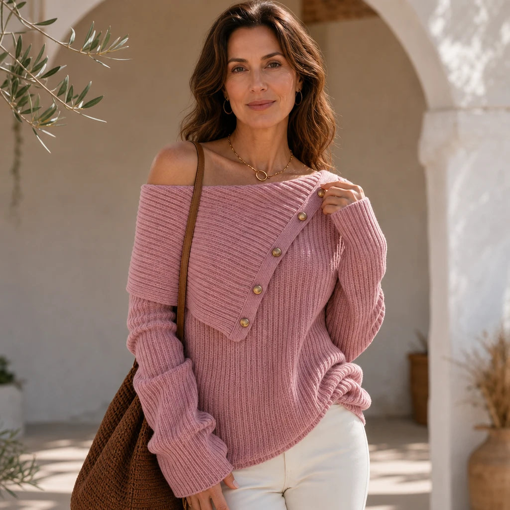 Velaine – Asymmetric Off-Shoulder Ribbed Sweater