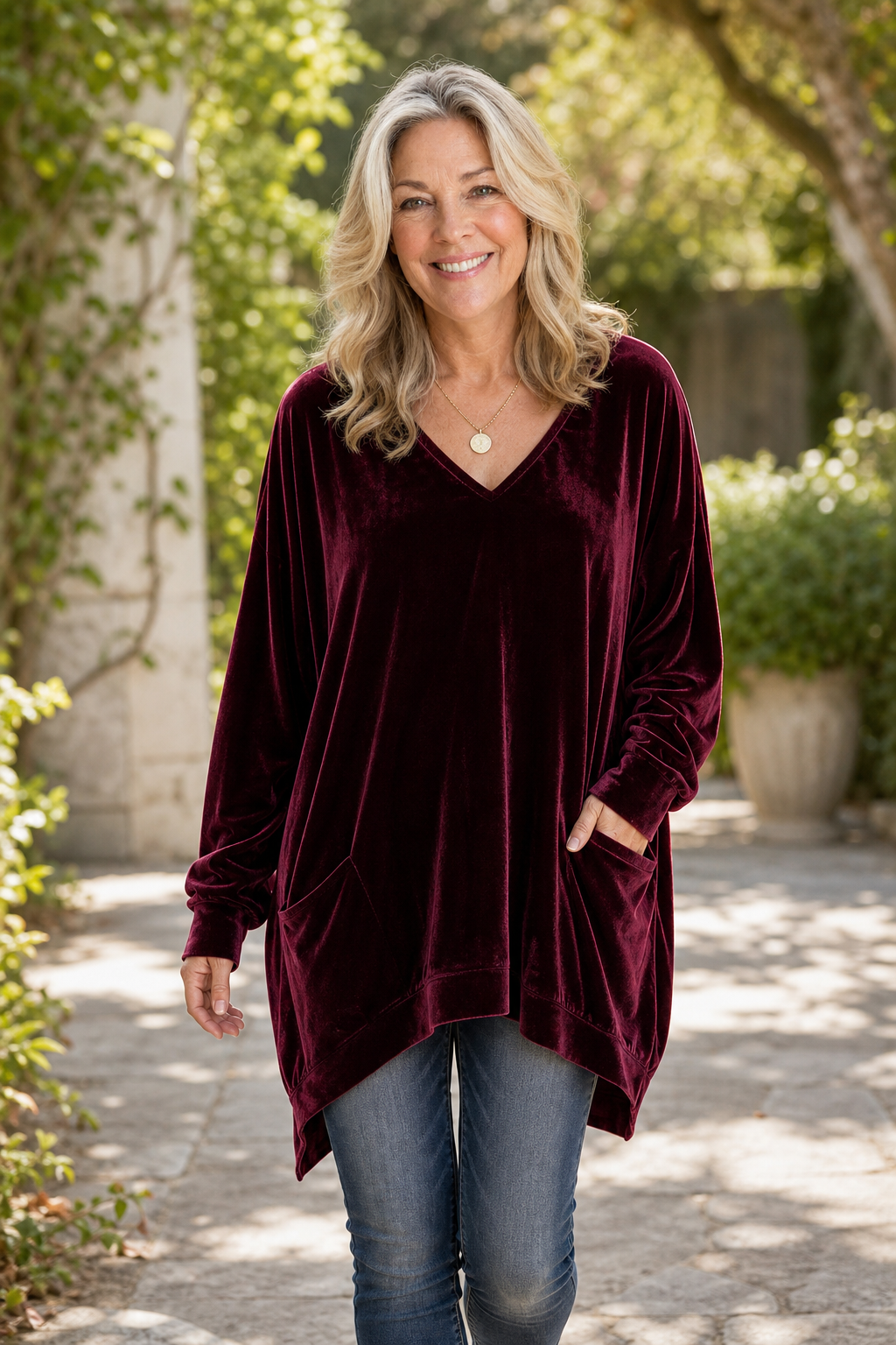 Velveau – Oversized Pocketed V-Neck Velvet Tunic