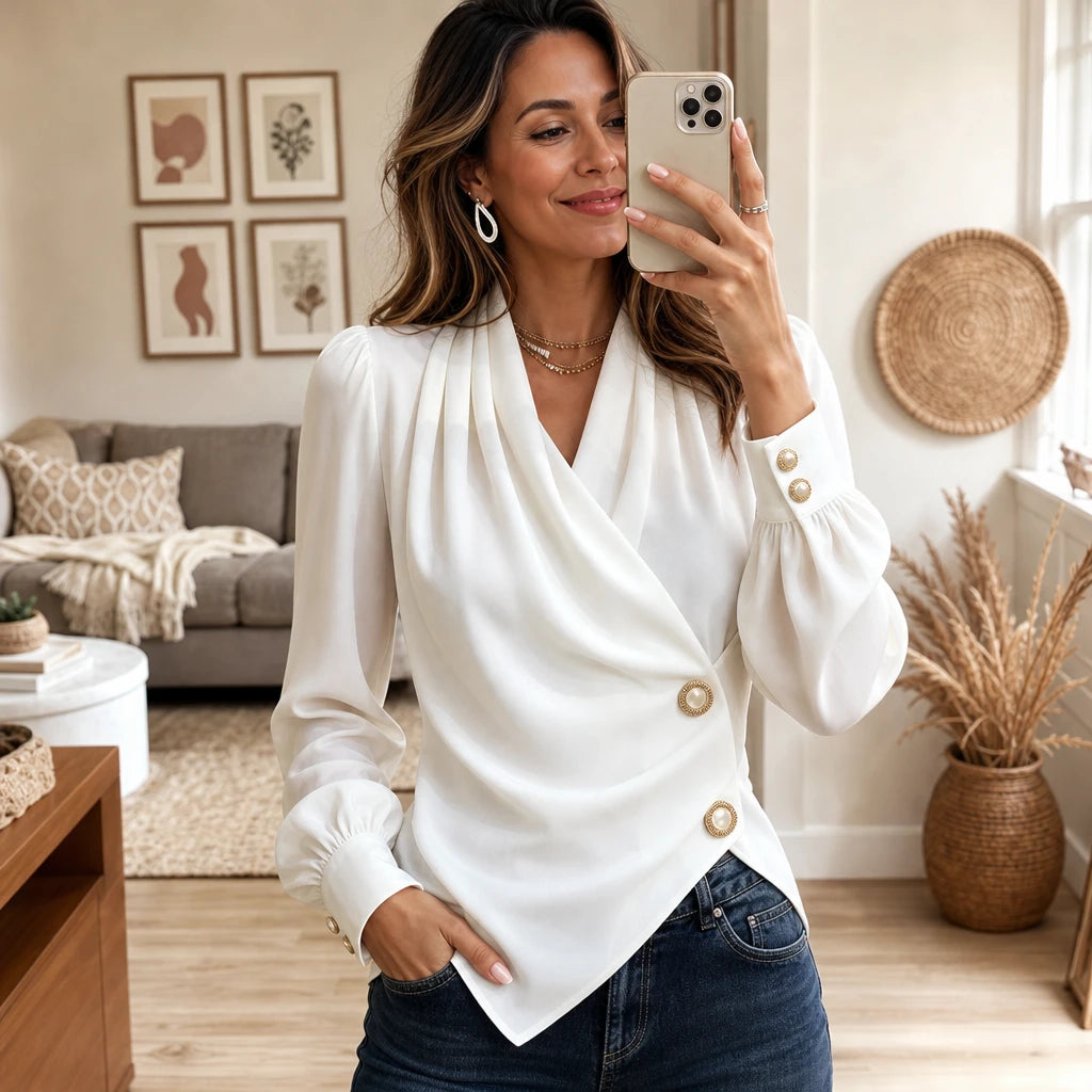 Pearlora – Pearl Cuff Asymmetric Button-Down Blouse
