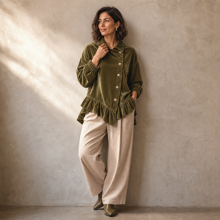 Velvetta – Asymmetric Button Cowl-Neck Peplum Top