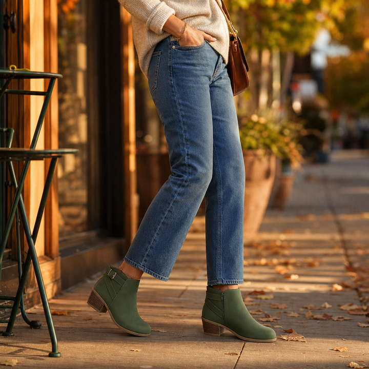 Buckle & Block – Slanted Buckle Side-Zip Ankle Boots