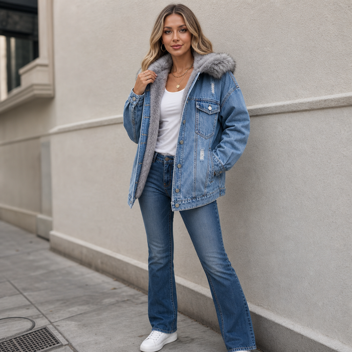Wearbella – Fur-Collar Distressed Denim Jacket