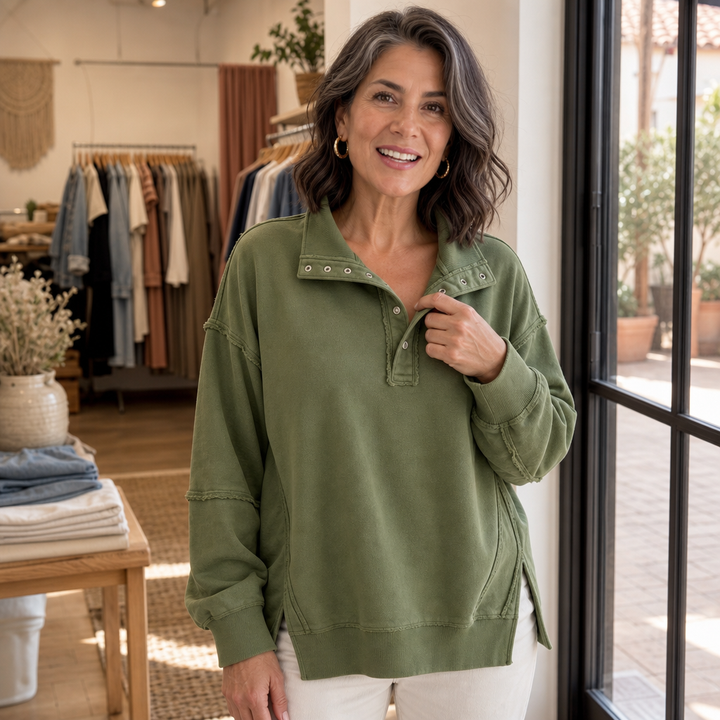 Draperie – Raw-Edge Split-Cuff Snap Placket Henley