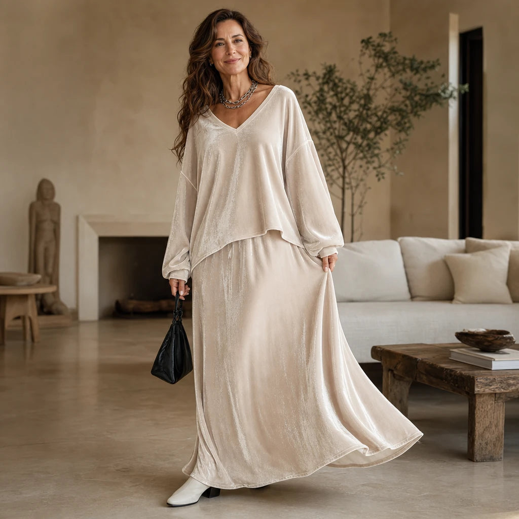 Veloura – Relaxed Velvet Top And Flared Maxi Skirt Set