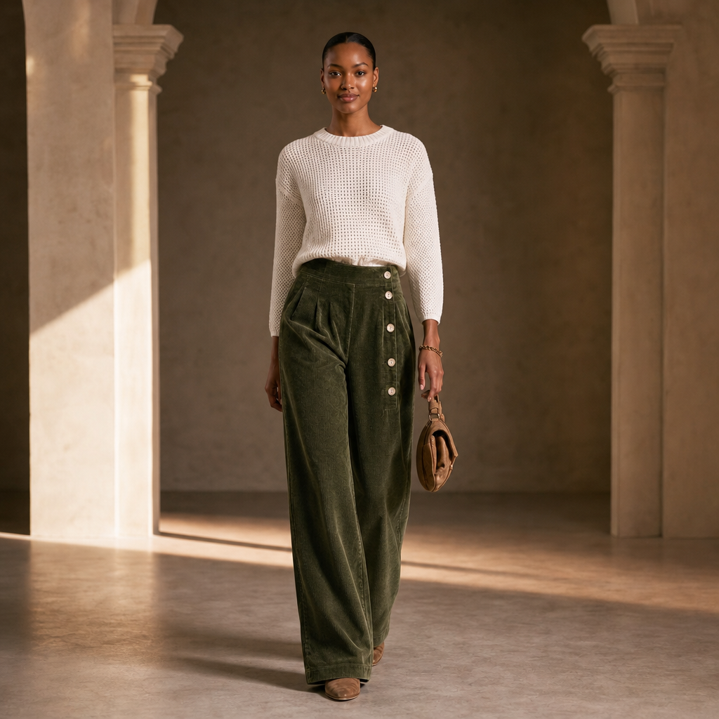 Cordelle – Asymmetrical Button-Front Pleated Wide-Leg Pants