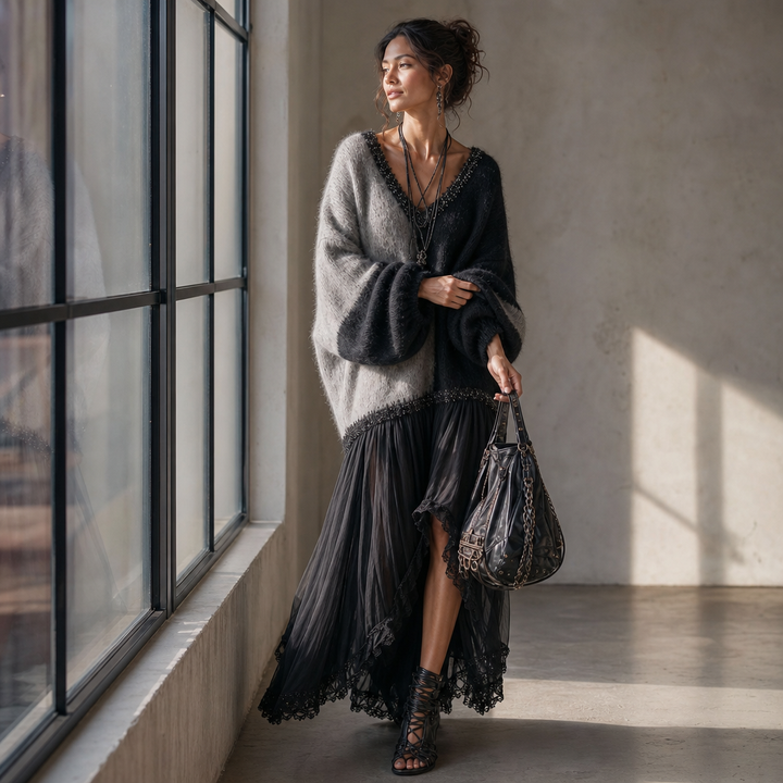 Vellora – Color-Block Knit Bodice Mesh Skirt Dress