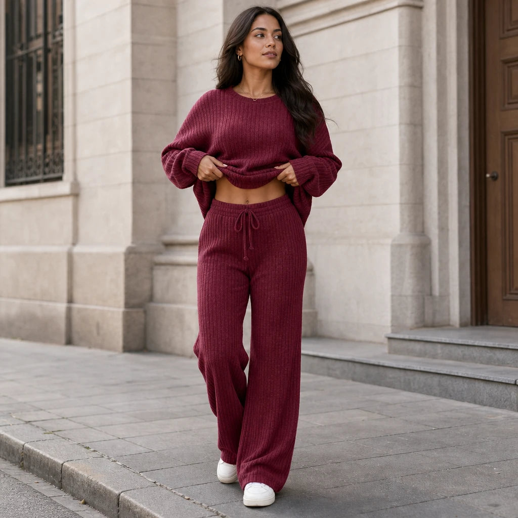 Softhaven – Ribbed Drop-Shoulder Sweater And Wide-Leg Pants Set