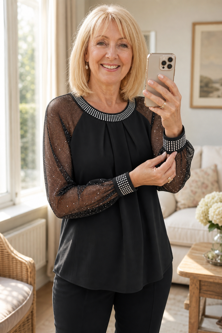 Wearbella – Sequin-Trim Sheer-Sleeve Pleated Blouse