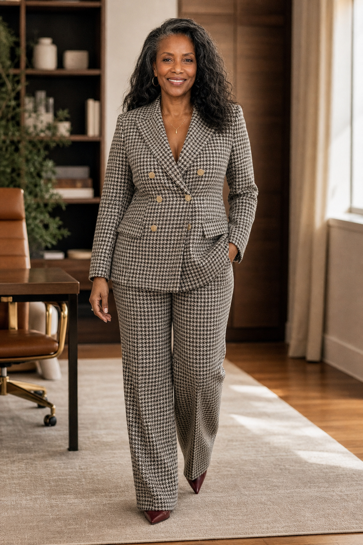 Composure – Plaid Double-Breasted Blazer & Wide-Leg Pants Set