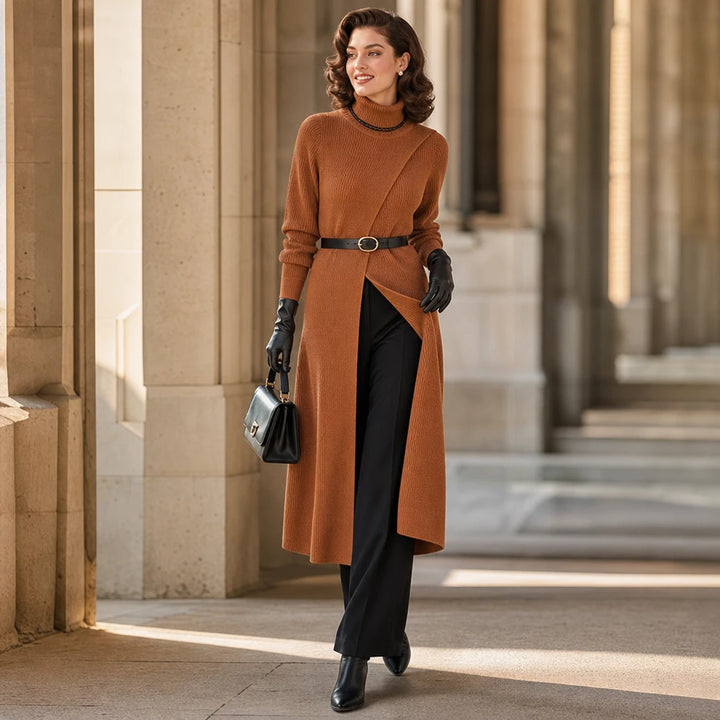 Linevera – Pit-Stripe Ribbed Asymmetric Turtleneck Top