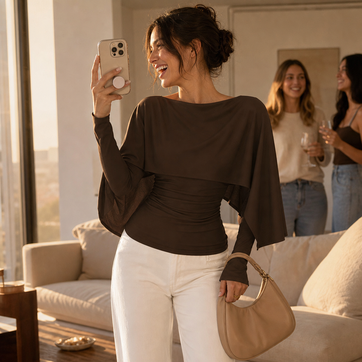 Wearbella – Cape Overlay Ruched Batwing Top