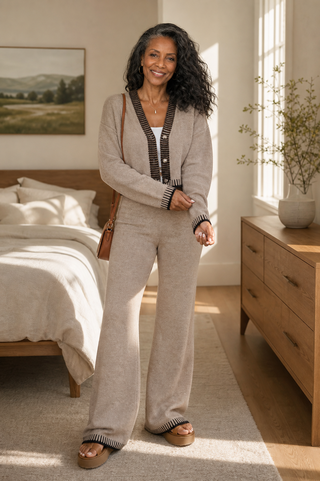 Linewear – Contrast Piping Knit Cardigan And Pants Set