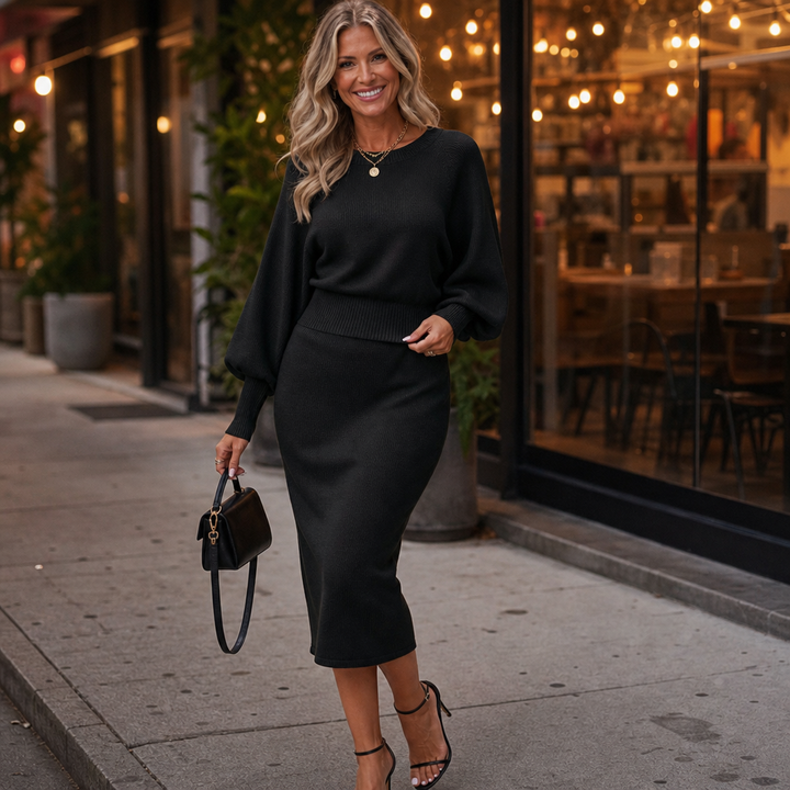 Veloura – Bat-Sleeve Wrap Knit Two-Piece Dress Set