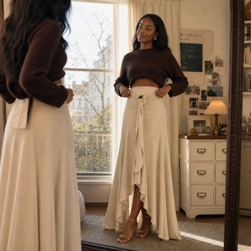 Avelisse – O-Ring Tie Asymmetric Fishtail Midi Skirt