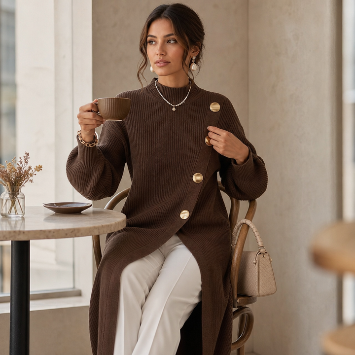 Wearbella – Gold-Tone Button Asymmetric Ribbed Knit Tunic