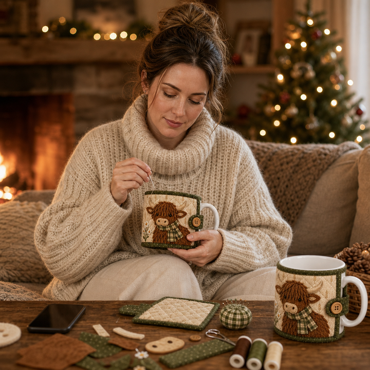 Coziloom – Quilted Highland Cow Appliqué Mug Cozy Kit