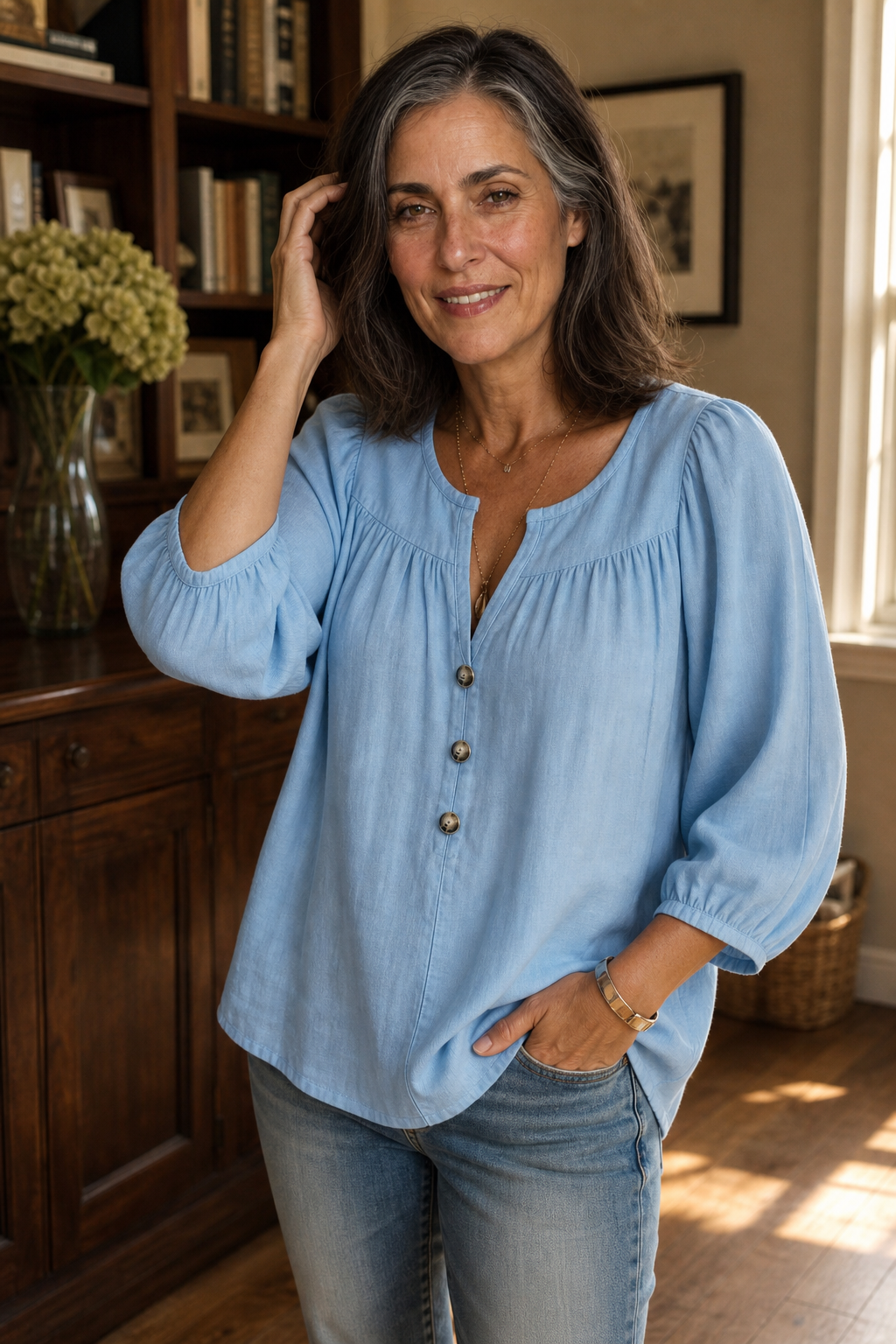 Wearbella – Gathered V-Neck Puff Sleeve Blouse