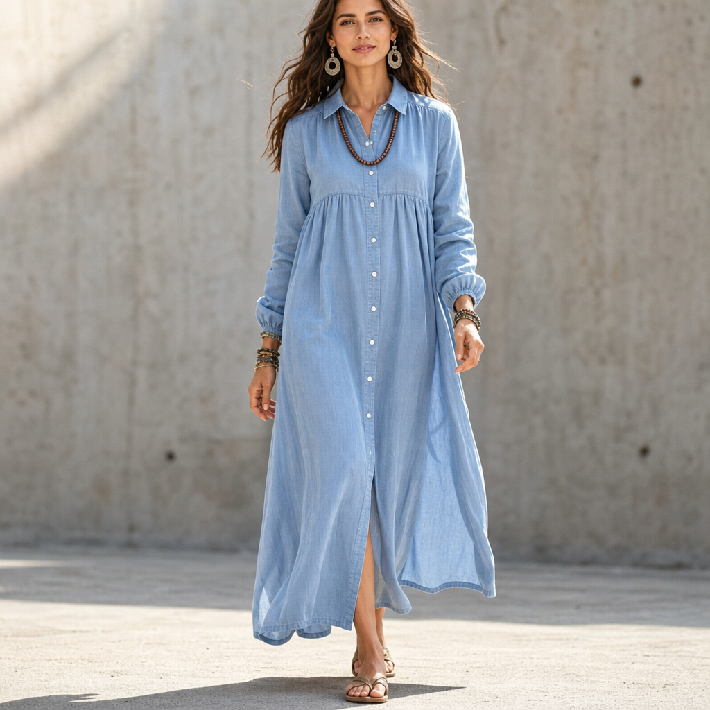 Linora – Button-Through Linen-Blend Maxi Shirt Dress
