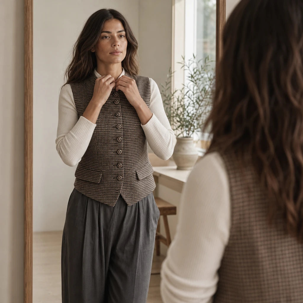Houndstooth & Hem – Houndstooth Stand-Collar Tweed Vest