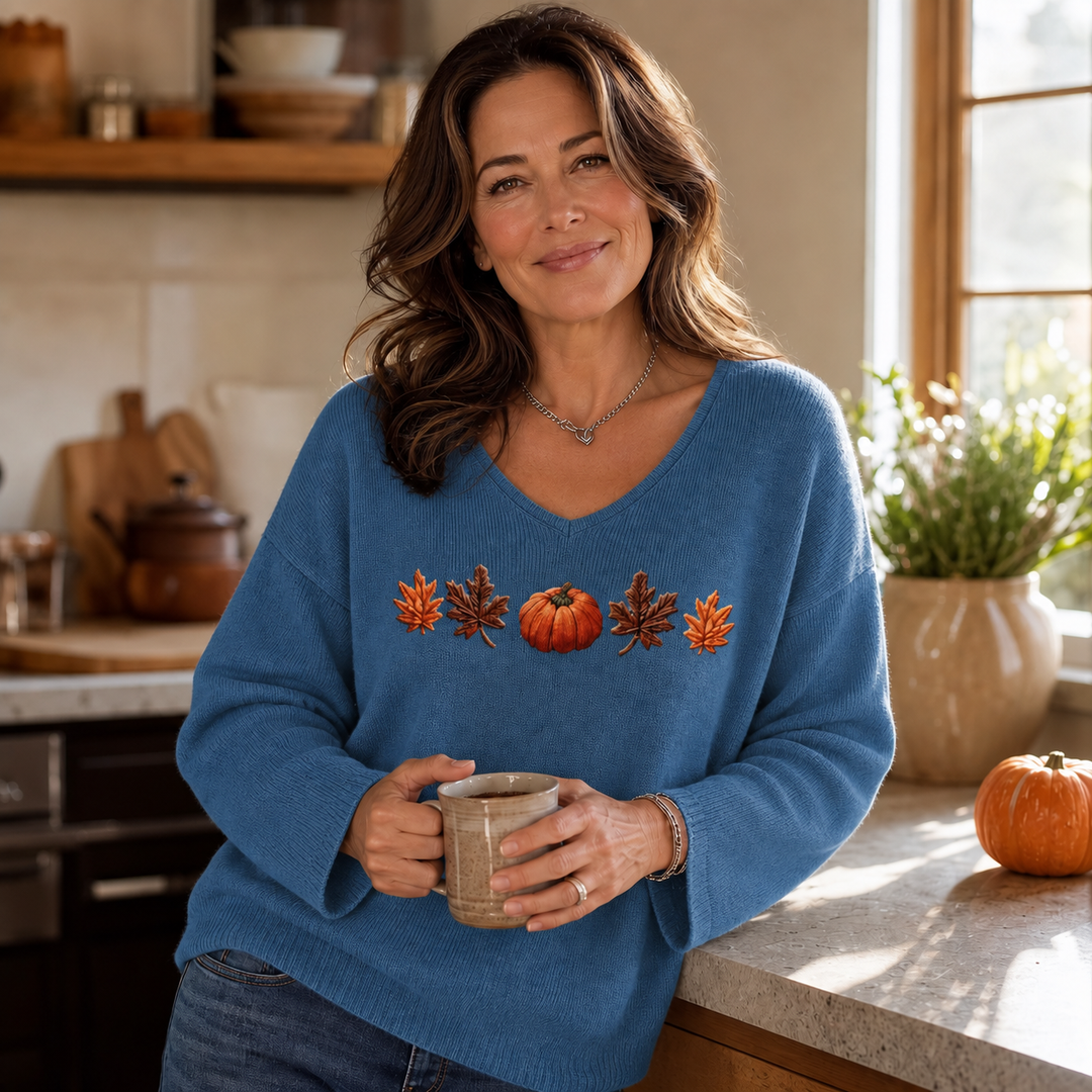 Pumpkin Lane – Pumpkin Print V-Neck Long-Sleeved Shirt