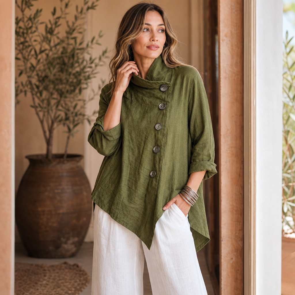 Linvella – Diagonal Button-Front High-Low Top